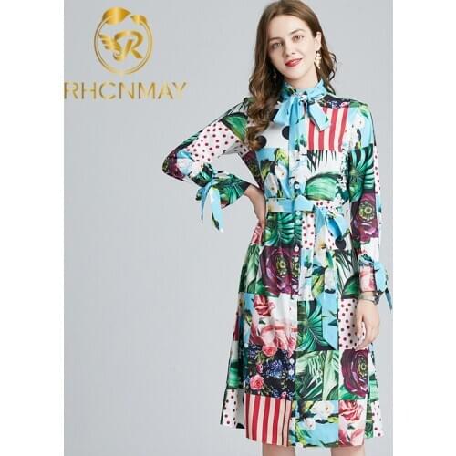 2021 Spring Runway Contrast Floral Shirt Dress Women Long Sleeve Bowknot Multicolor Print Sashes Holiday Midi Dresses