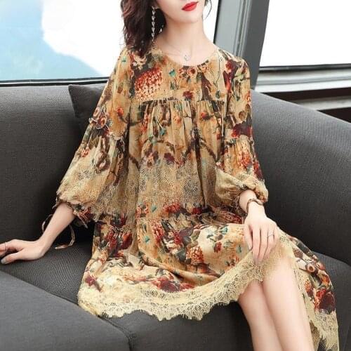 2021 Spring Summer Mulberry Silk Midi Dresses 4XL Plus Size Splice Lace Print Vintage Dress Women Bodycon Party Vestidos Y823