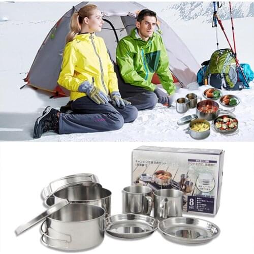 8PCS/Set Camping Cookware Outdoor Stainless Steel Portable Bowls Cooking Tool Set For Trekking Hiking Backpack Picnic Hiking