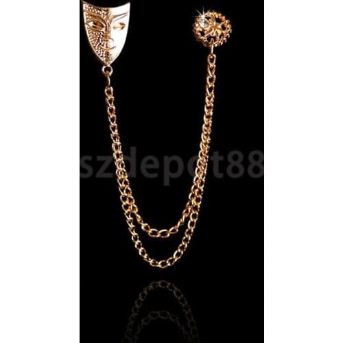 Gold Mask Blouse Shirt Collar Neck Tip Brooch Double Chains Retro Jewelry