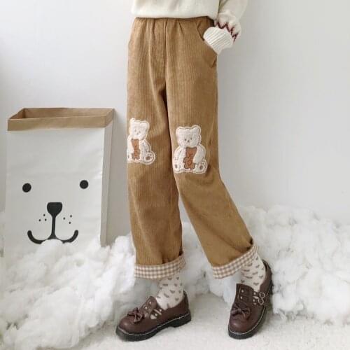 Cute Bear Kawaii Pants Womens Thick Casual Korean Style Pants Autumn Winter Students Plus Velvet Wide-leg Ankle-Length Pants