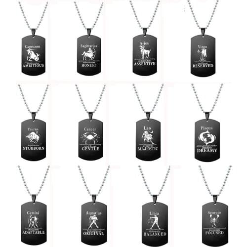 Classic Rectangle Zodiac Pendant Necklace Men Stainless Steel Black Color Beads Chain Necklace For Women Constellations Jewelry