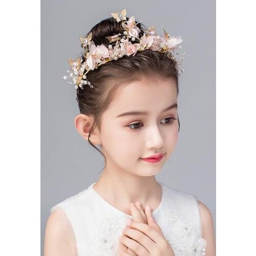 Kids Faux Pearl Flower Butterfly Crown Tiara Headband Princess Party Headwear cute crown headdress children princess little girl