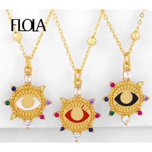FLOLA Multicolor Evil Eye Necklaces For Women With Crystal Gold Filled Sun Pendant Necklaces CZ Zircon Rainbow Jewelry nkeq57