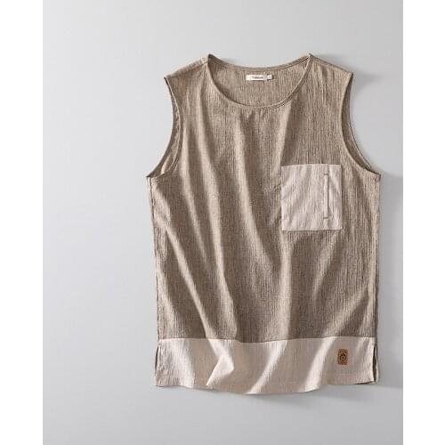 Lightweight T Shirt Men Sleeveless Cotton And Linen Blended Summer Splicing Tank Top Men Loose Fit Casual Vest Chinese Style 3XL