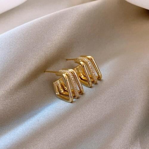 Geometry Rhinestone Square Earrings for Women Korean 2021 New Fashion Hoop Earrings Female Trendy Elegant Delicate Jewelry Gifts