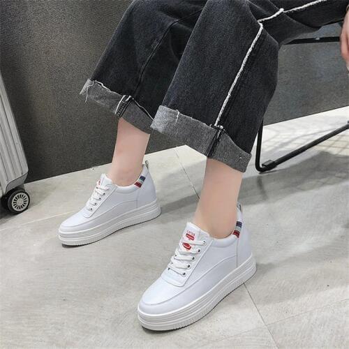 Genuine Leather White Sneakers Women 7CM High Heels Platform Sneakers Femeninos Fashion Comfort Lace-up Wedges Shoes for Women