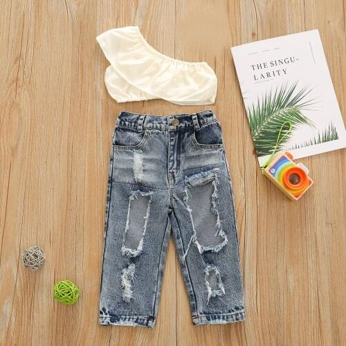 Summer Kids 2Pcs Outfits Solid Color Flounce One-Shoulder Sleeveless Crop Tops + Ripped Jeans for Girls 18 Months to 6 Years