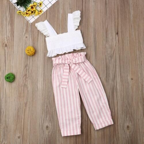 Summer Girl Clothes Girls Lace Strap Ruffle Crop Tops Striped Long Pants 2Pcs Toddler Outfits Kids Clothes Set