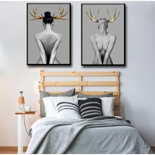 Minimalist Deer Female Wall Art Canvas Painting Nordic Posters And Prints Canvas Painting For Living Room Creative Home Decor