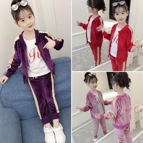 Girls Fashion Gold Velvet Clothing Sets Childrens Spring Fall Sports Suit 2019 Kids Spliced Tracksuit Jacket + Pants 2 Pcs B69