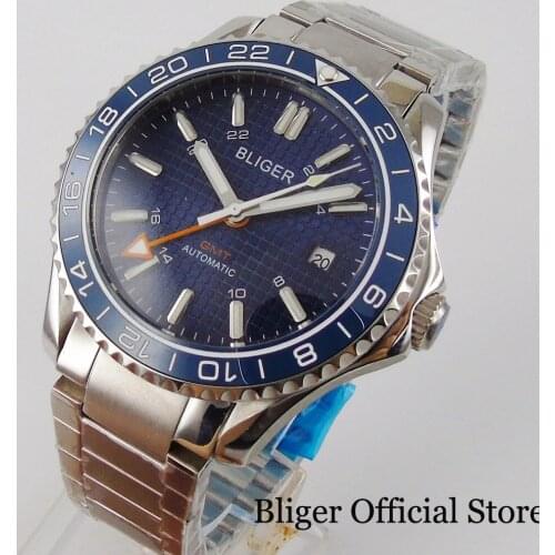 BLIGER New Dress GMT 41mm Mens Wristwatch Sapphire Glass Stainless Steel Bracelet Date Function Rotating Bezel Blue/Black Dial