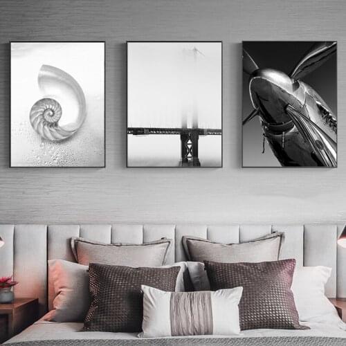 Black White Sea Aurora Bridge Helicopter Wall Art Canvas Painting Wall Pictures For Living Room Nordic Decor Home Decor