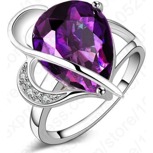 Latest Elegant Jewelry 925 Sterling Silver Cubic Zirconia Purple Water Drop Party Wedding Woman Ring Gift