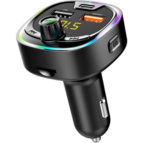 Novel-Car MP3 Bluetooth FM Transmitter Bluetooth Player Colorful Atmosphere Breathing Light PD+USB+QC3.0 Fast Charge