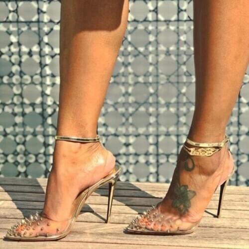 Clear PVC Rivets High Heel Pump Sexy Pointed Toe Ankle Strap Gold Spike Dress Shoes Stiletto Heels Banquet Party Heel Shoes