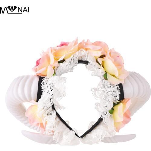Lolita Fancy Dress Sheep Horns Headband With Rose Flowers Lace Halloween Headwear Costume accessory Handmade Steampunk Headpiece