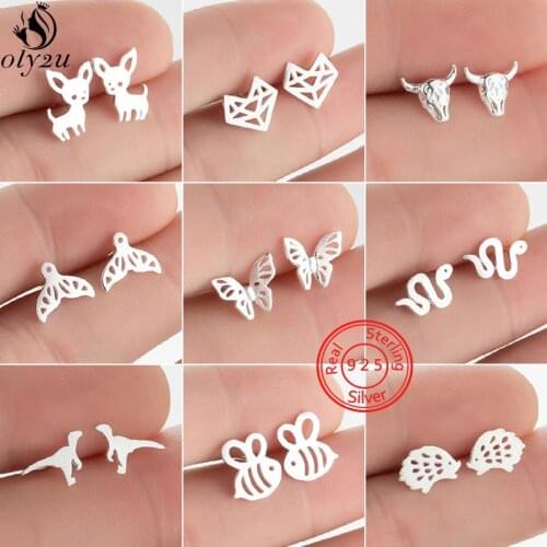 Lovely Silver 925 Earings Animal Jewelry Fashion Chihuahua Dog Stud Earrings for Women Kids Bee Fox Snake Earing Allergy Free