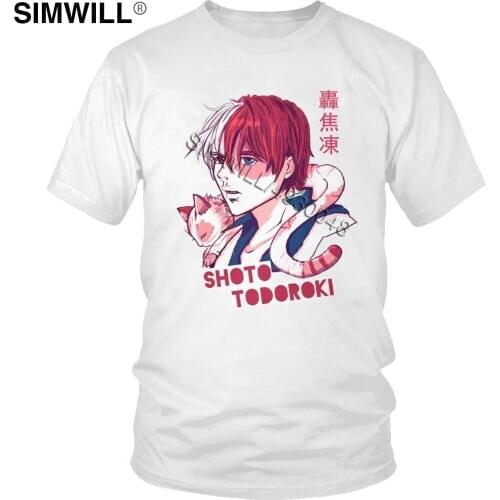 Cool My Hero Academia Tees Mens Japanese Manga Cotton T Shirts Short Sleeve Shoto Todoroki with a kitten Cat T-Shirt Merchandise