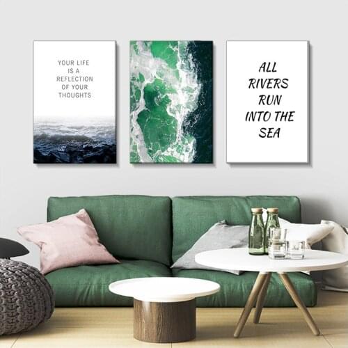 Simple English Letter Poster, English Canvas Painting of Sea Scenery, Printed Murals, Nordic Waves, Family Club Decoration