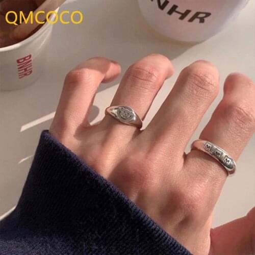 QMCOCO INS Style Classic Punk Cute Small Bear Pattern Ring 925 Silver Fashion Opening Adjustable Simple Ring For Woman Gifts