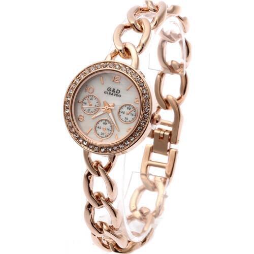 Relogio Feminino G&D Women Quartz Wristwatches Rose Gold Stainless Steel Rhinestone Fashion Luxury Womens Dress Watch Gifts