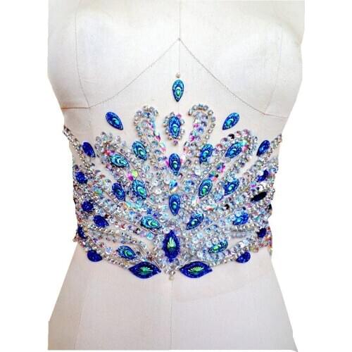 Handmade blue Hot drilling Rhinestone lace embroidery patch applique wedding dress bordados DIY Performance clothing