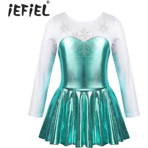 Kids Girls Dancewear Costume Ballerina Shiny Rhinestone Snowflake Bodice Fairy Ballroom Ballet Dance Gymnastics Leotard Dress