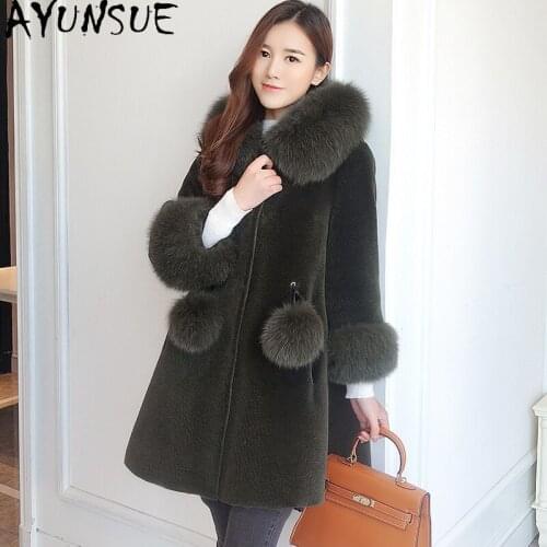 AYUNSUE Warm Winter Jacket Women Real Fur Coats Fox Fur Collar Fashion Parka Woman Sheep Shearing Clothes Manteau Fourrure Femme