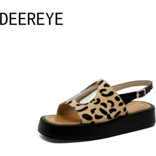 Comfortable Leather Horsehair Leopard Print 4cm Platform Shoes Women Casual Flat Sandals PVC Hollow Heart Shape Beige Brown