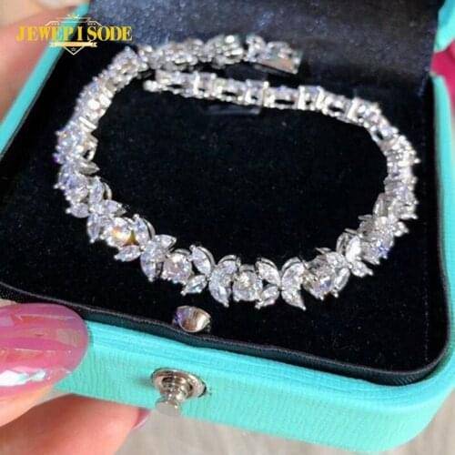 Jewepisode 925 Sterling Silver Leaf Shape Created Moissanite Diamond Charm Bracelets for Women Wedding Fine Jewelry Wholesale
