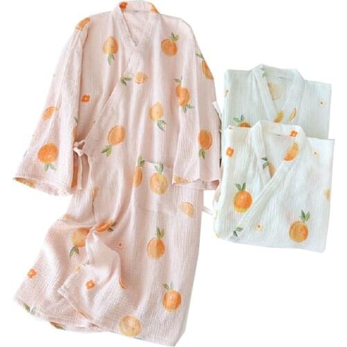 Women Spring Soft Loose Gauze Cotton V-Neck Robe Cartoon Orange Prnted Japabes Style Women Bathrobe Ladies Comfort Sleep Dress
