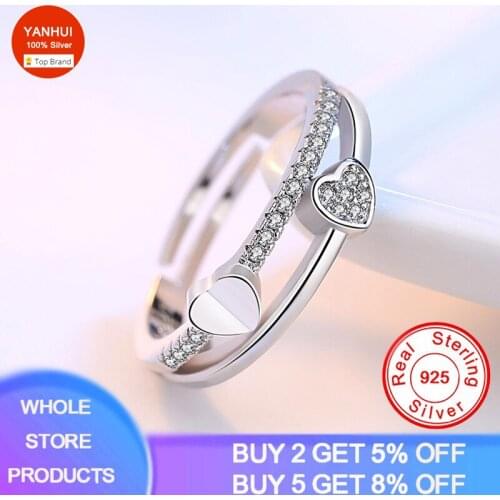 YANHUI 925 Sterling Silver Heart in Heart Pave CZ Open Finger Ring Crystal Rings for Women Authentic Silver 925 Jewelry Gift