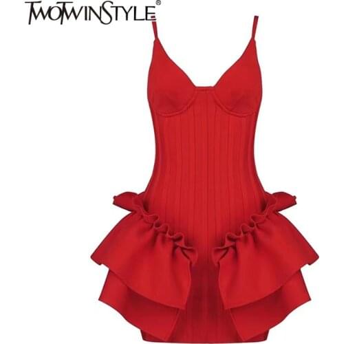 TWOTWINSTYLE Evening Patchwork Ruffle Sling Dress For Women V Neck Sleeveless High Waist Summer Sexy Dresses Female Fashion New