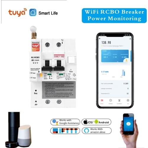 Din Rail Tuya Smart RCBO Circuit Breaker with Energy Monitoring 2P WiFi RCBO MCB Leakage Current Protection Alexa Compatible