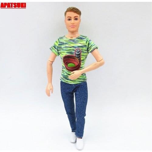 Green Stripe Short Sleeve T-Shirt Tops Denim Jeans Long Pants Trousers For Ken Doll Outfits Clothes for Ken Boy Men Doll Kid Toy