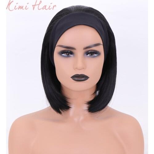Kimi Hair Short Synthetic Straight Bob Headband Wig Black Turban Heat Resistant Machine Made Daily Wear Wigs