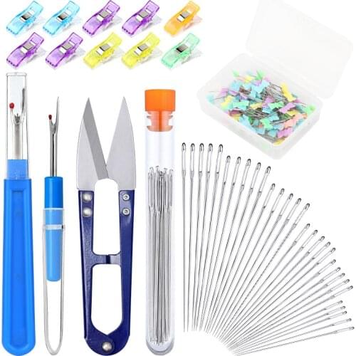 LMDZ 60pcs/Box Dressmaking Pins Multicolor Plastic Clips Large Eye 6 Sizes Stitching Needle Clothing Scissors Sewing Accessories