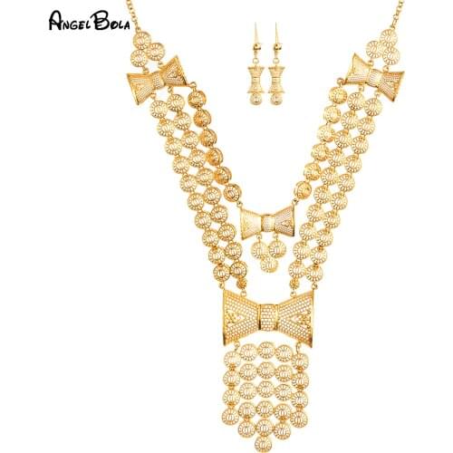 Muslim Islamic Long Gold Hollow Lady Charm Necklace Set Turkey Middle East Earrings Bow Jewelry Set Wedding Wedding Holiday Gift