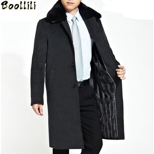 Boollili Mens Wool Coat Men Brand-Clothing Natural Rabbit Fur Collar Thick Woolen Overcoat Men New Long Mens Jackets And Coats
