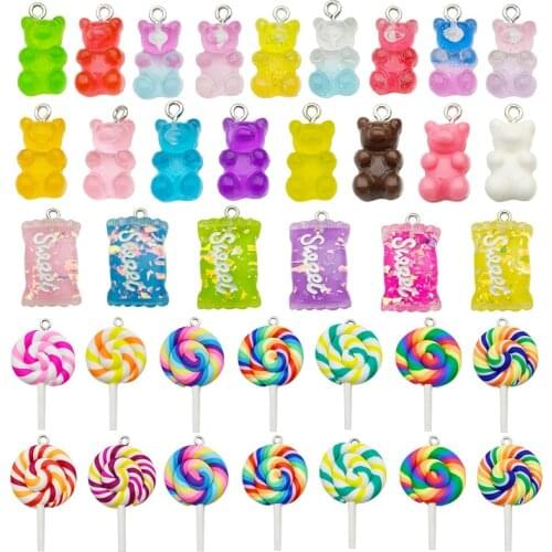 Mixed 10pcs Kawaii Resin Bear Candy Lollipop Charms Pendants For DIY Decoration Earrings Key Chains Fashion Jewelry Accessories