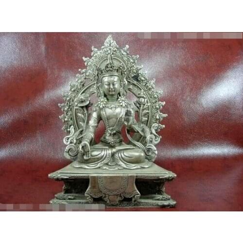 Song voge gem S0271 Tibet Buddhism Copper Silver White TaRa Kwan-Yin Guan Yin Buddha Statue