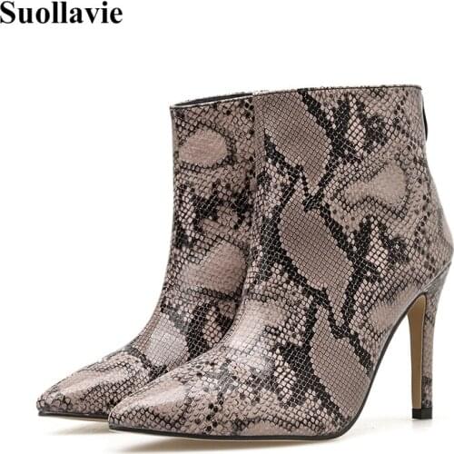 Suollavie Snake Print Serpentin Ankle Thin Heels Women Boots Autumn Winter Female Chelsea Boots Zipper Sexy Ladies Shoes