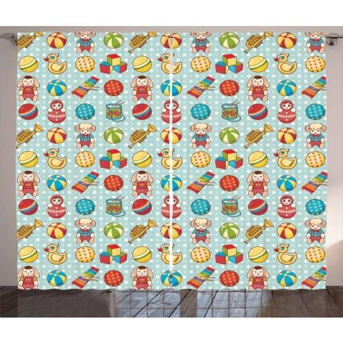 Vintage Toys Cartoon Curtains Ball Duck Doll Animals Satin Fabric Drapes for Living Room Bedroom 2 Panel Window Set