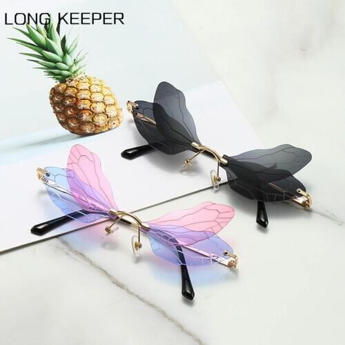 LongKeeper Fashion Rimless Dragonfly Wing Sunglasses Women Vintage Clear Ocean Lens Eyewear Men Pink Yellow Sun Glasses Shades