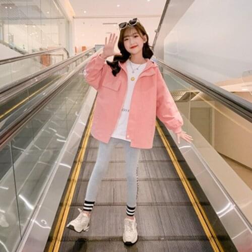 Spring Autumn Trench Hooding Long Fashion Letter Coat Girls Outerwear Teenage Long Sleeve Top Korean Kids Clothes 8 10 12 13 Yrs