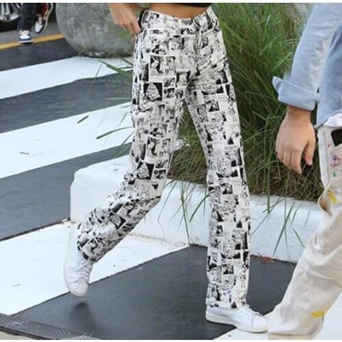 Street Comic Print Straight Pants Capris Women Harajuku Baggy High Waist Casual Vintage Casual Style Streetwear Female 2021