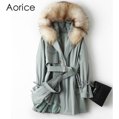 Aorice Women Real Fox Fur Collar Coat Jacket Female Rex Rabbit Liner Long Parka Trench A41645