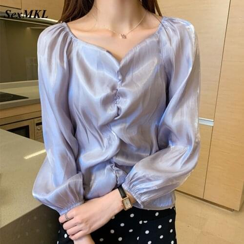 Women Puff Sleeve Purple Tops 2021 Korean Fashion Autumn White Chiffon Shirts Elegnat Loose Long Sleeve Sexy Office Blouses XXL