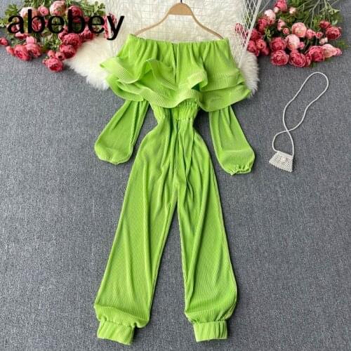 Women Design Ruffles Solid Rompers Sweet Ruffles Slash Neck Long Sleeve Jumpsuits Summer Boho Wide Leg Rompers
